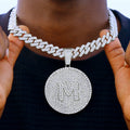 Hip Hop Cuban Link Chain Necklace with Round Letter Pendant for Men Women, Iced Out Rhinestone 14MM Miami Chain, Unisex Jewelry