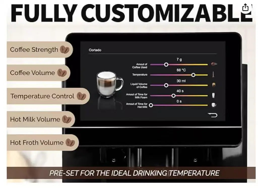 2025 Fully Automatic Espresso Coffee Machine 7 Inch Touch Screen New Style Super Automatic Grinder French for Household Electric
