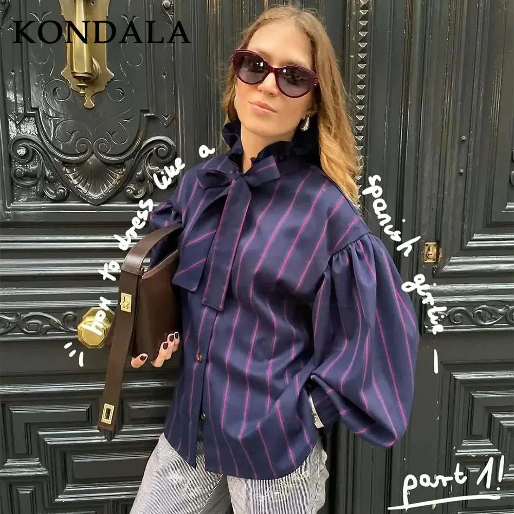 KONDALA 2026 Spring Summer Casual Women Shirts Fashion Streetwear Striped Single Breasted Turndown Collar Ladies Shirts