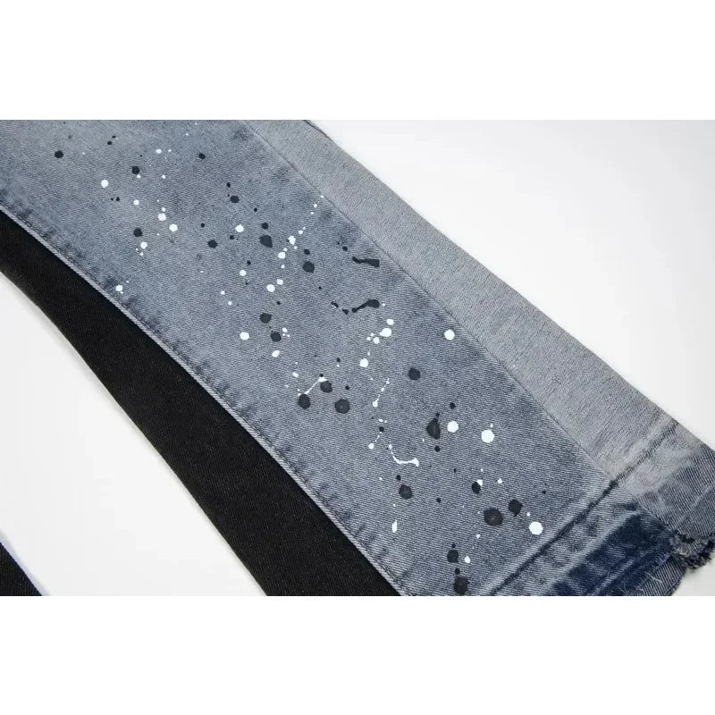 American Baggy Jeans Streetwear Splashed Ink Patchwork Men Women Clothing Tie Dye Trendy Pants Straight Slim Micro-flard Pants