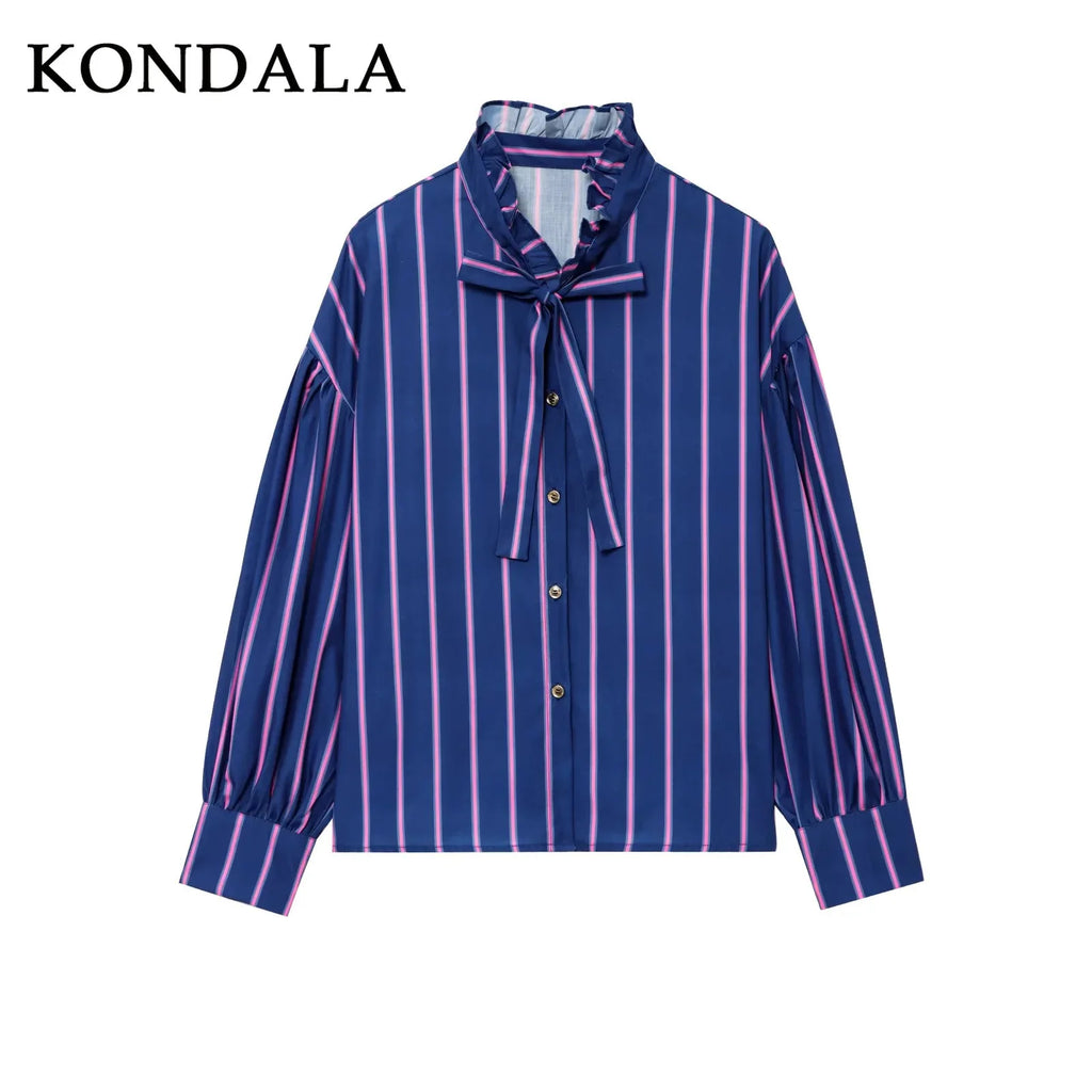 KONDALA 2026 Spring Summer Casual Women Shirts Fashion Streetwear Striped Single Breasted Turndown Collar Ladies Shirts