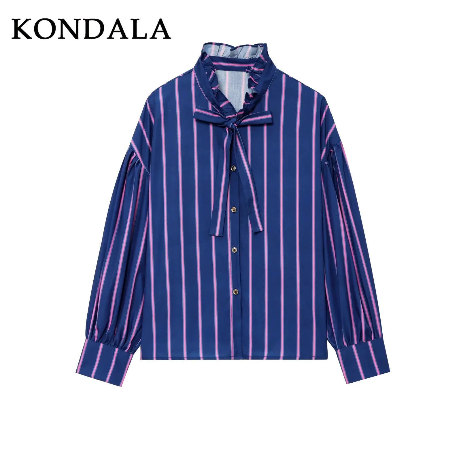 KONDALA 2026 Spring Summer Casual Women Shirts Fashion Streetwear Striped Single Breasted Turndown Collar Ladies Shirts