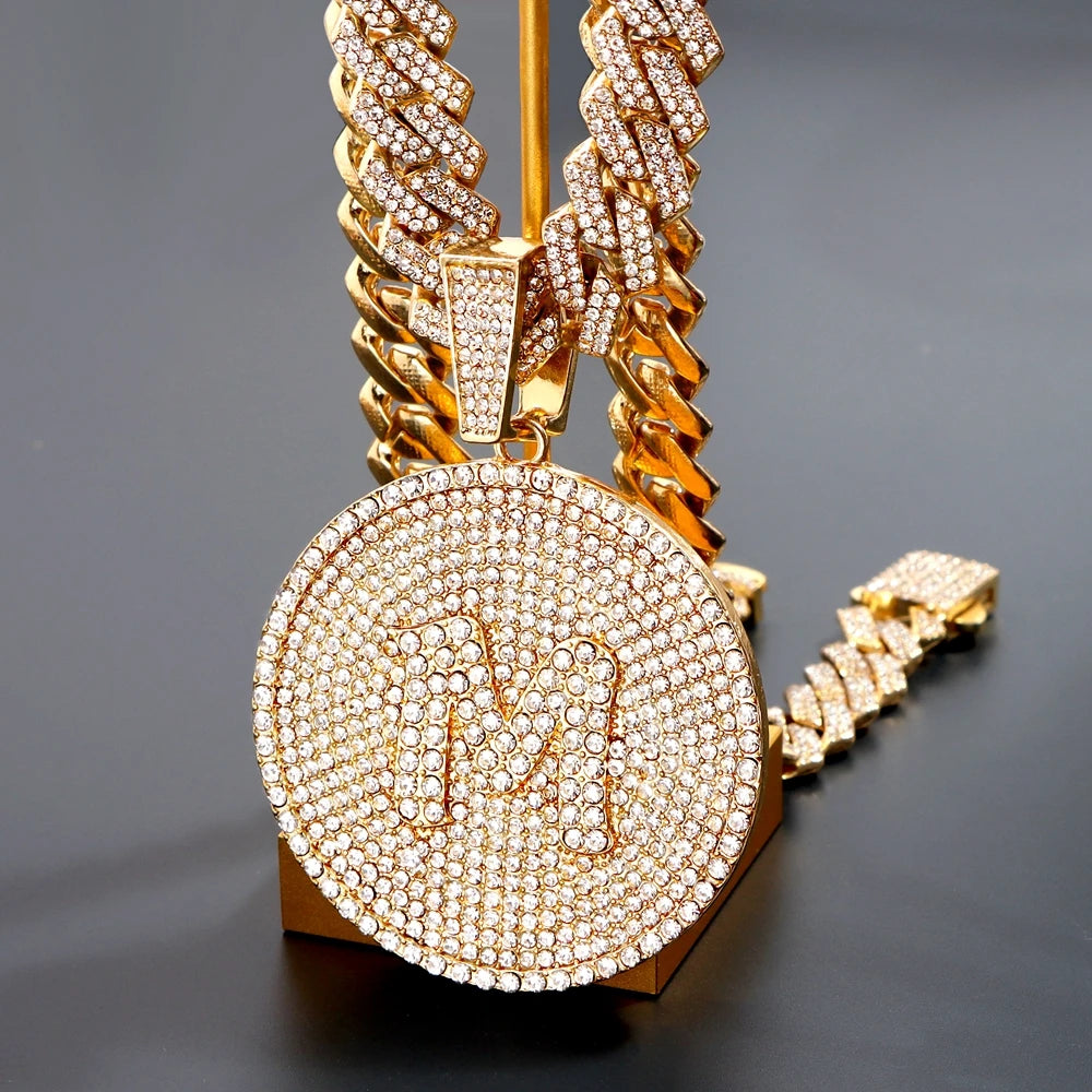 Hip Hop Cuban Link Chain Necklace with Round Letter Pendant for Men Women, Iced Out Rhinestone 14MM Miami Chain, Unisex Jewelry
