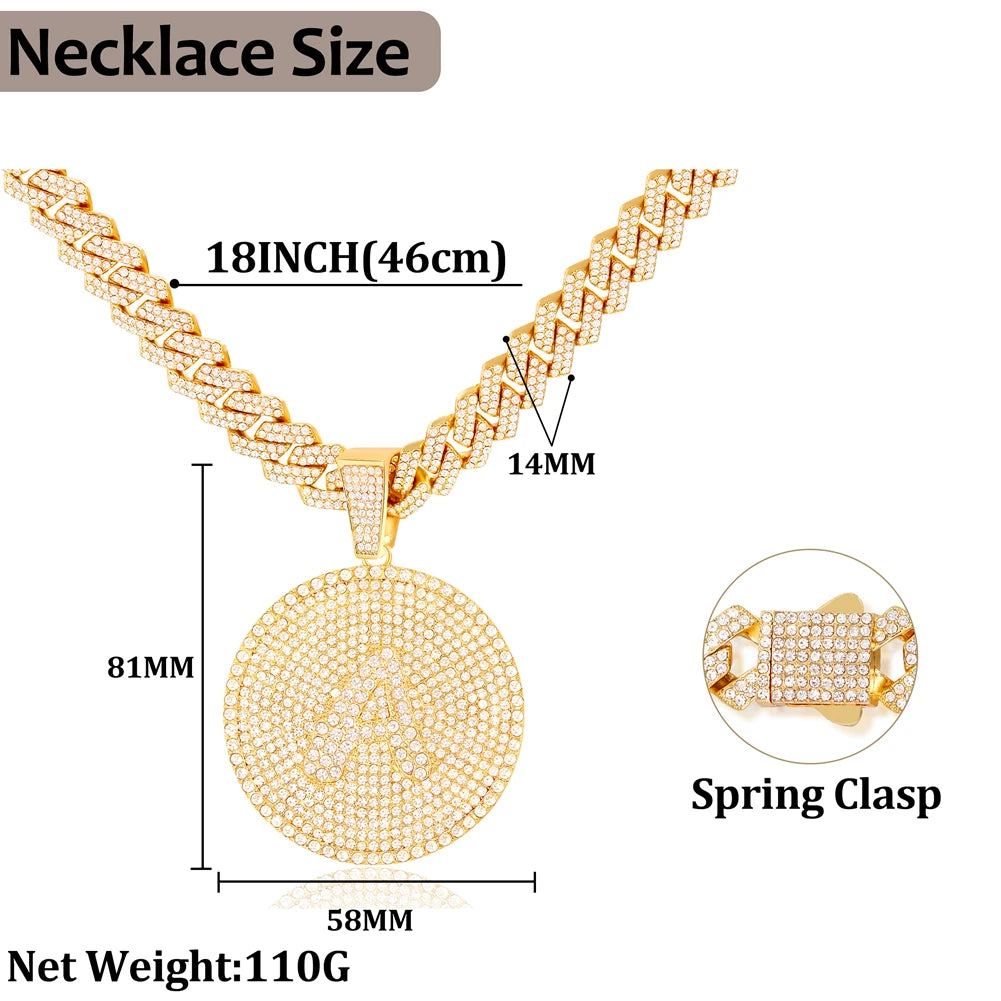 Hip Hop Cuban Link Chain Necklace with Round Letter Pendant for Men Women, Iced Out Rhinestone 14MM Miami Chain, Unisex Jewelry