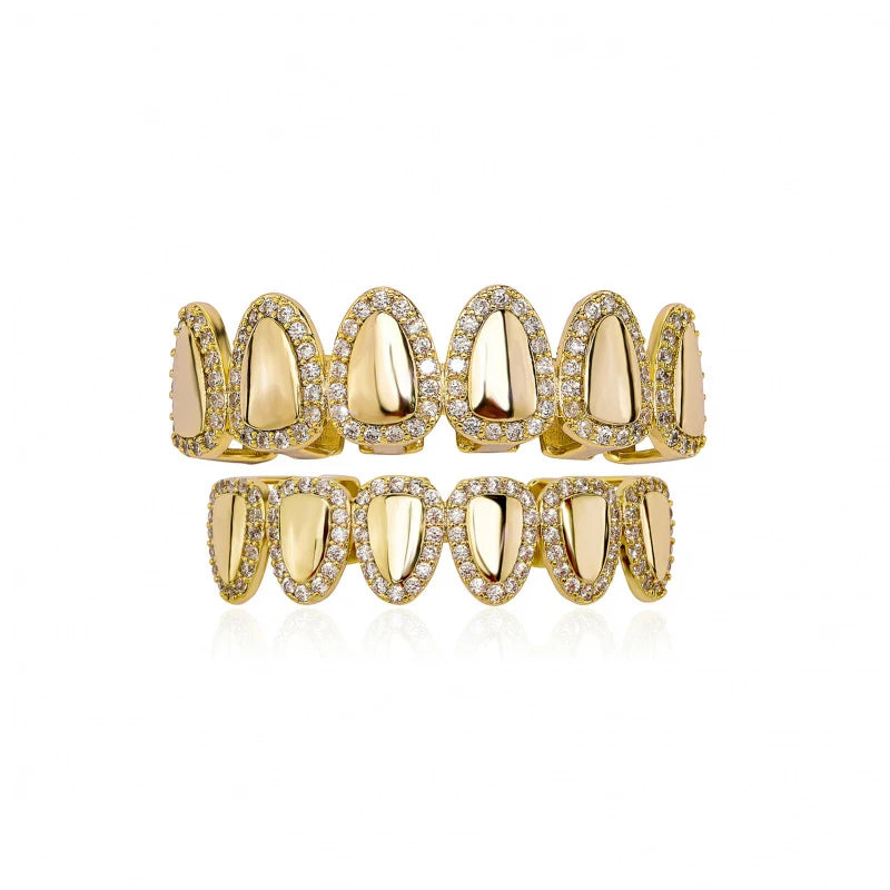 New High-End Hip Hop Iced Out Teeth Grillz Cubic Zircon Micro Pave Top & Bottom Charm Grills Set Teeth Caps Men Women Jewelry