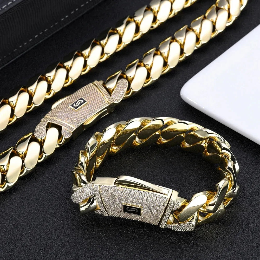 Miami Cuban Bracelet 14K Gold Plated - Thick Solid Monaco Chain with Iced Diamond Clasp Hip Hop Jewelry Christmas Gift