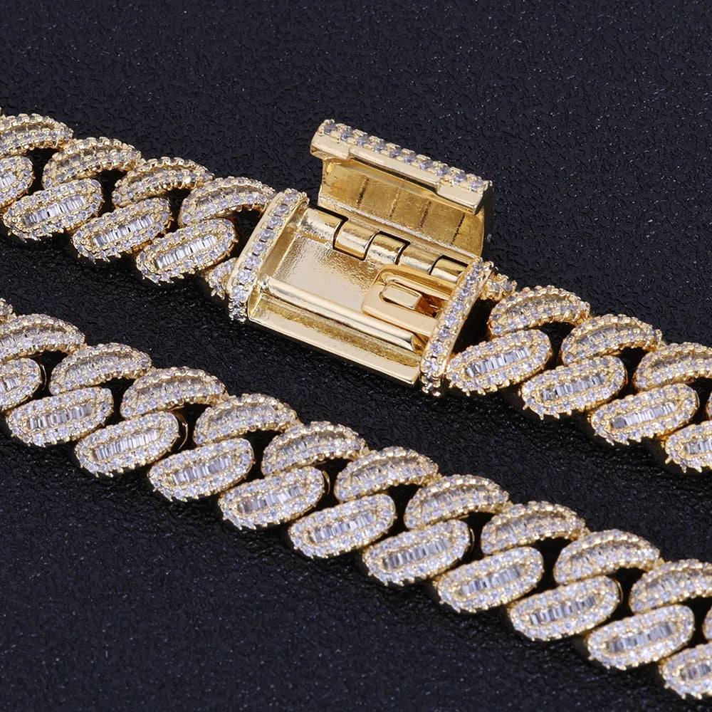 Hip Hop Jewelry Baguette Cuban Link Chain Iced Out Mixed Inlay Simulated Diamond Stones Bling 12mm Miami CZ Necklace Men's Gift
