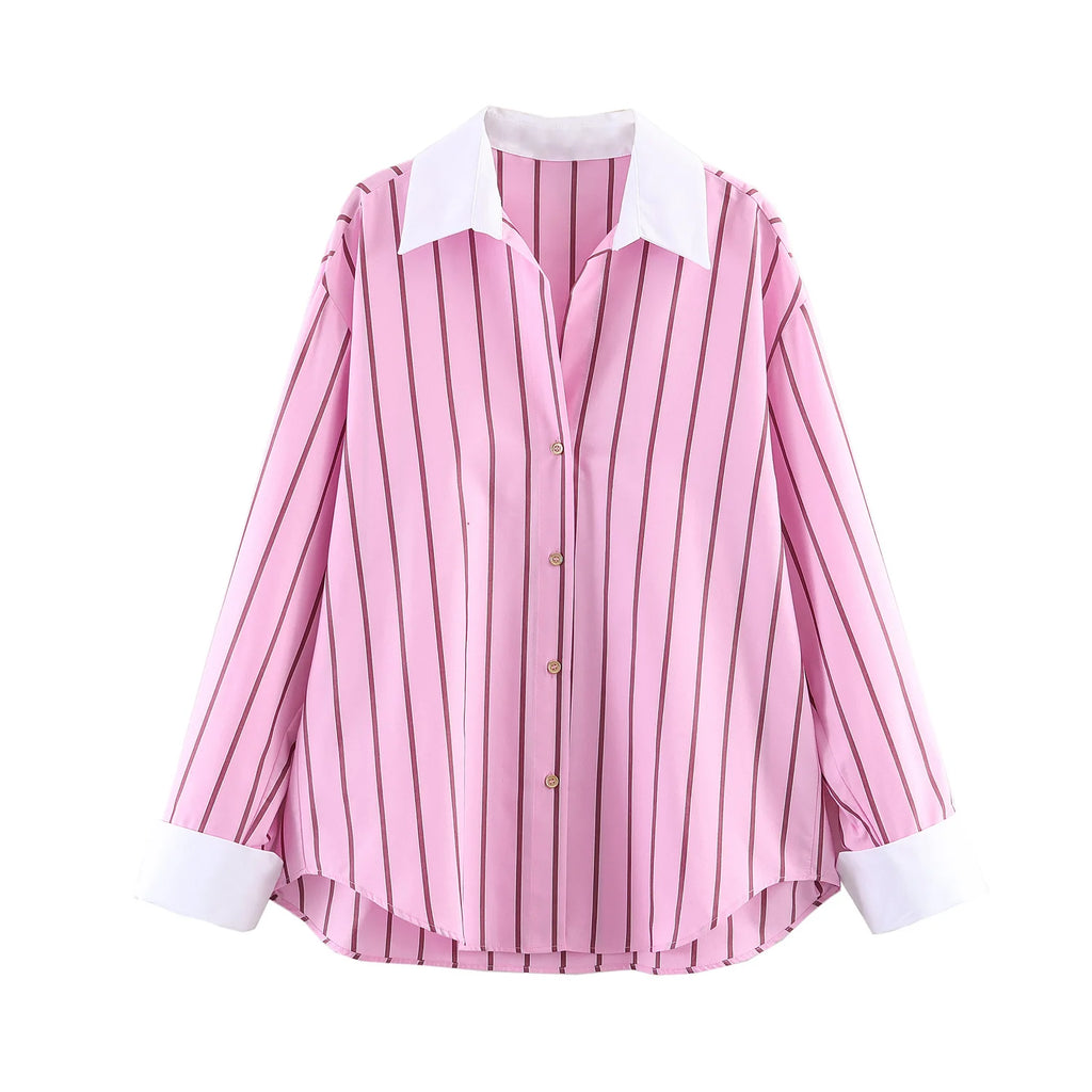 HH 2026 Female Fashion Versatile Blouse Top Women Spring Pink Striped Lapel Long Sleeve Single Breasted Decoration Casual Shirt (Copy 2)