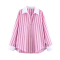 HH 2026 Female Fashion Versatile Blouse Top Women Spring Pink Striped Lapel Long Sleeve Single Breasted Decoration Casual Shirt (Copy 2)