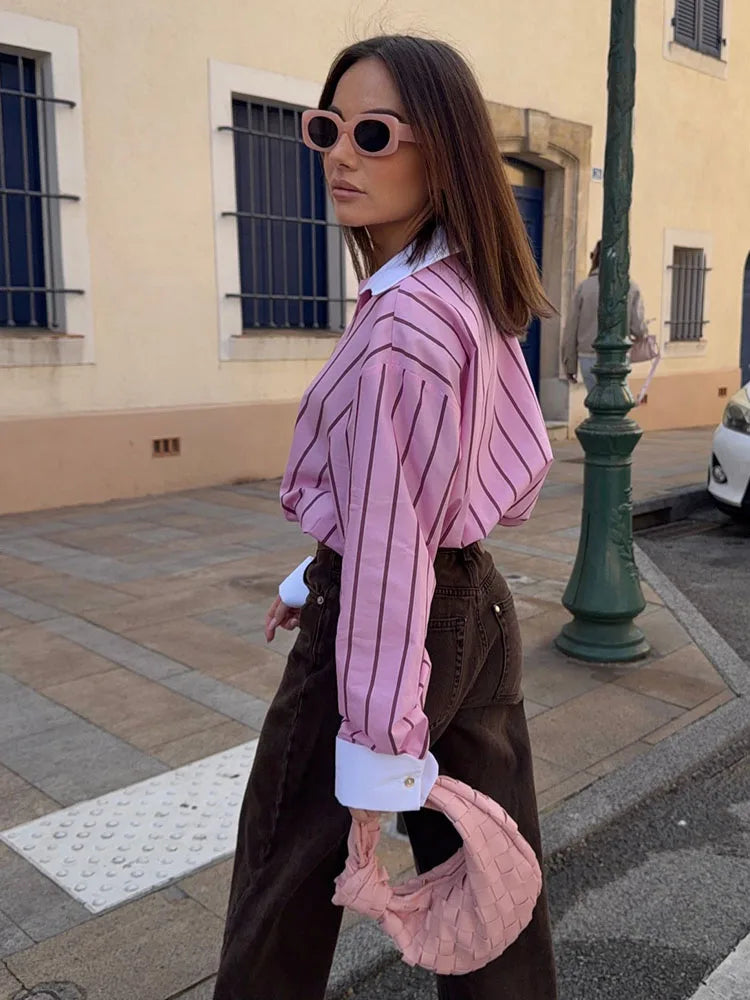 HH 2026 Female Fashion Versatile Blouse Top Women Spring Pink Striped Lapel Long Sleeve Single Breasted Decoration Casual Shirt (Copy 2)