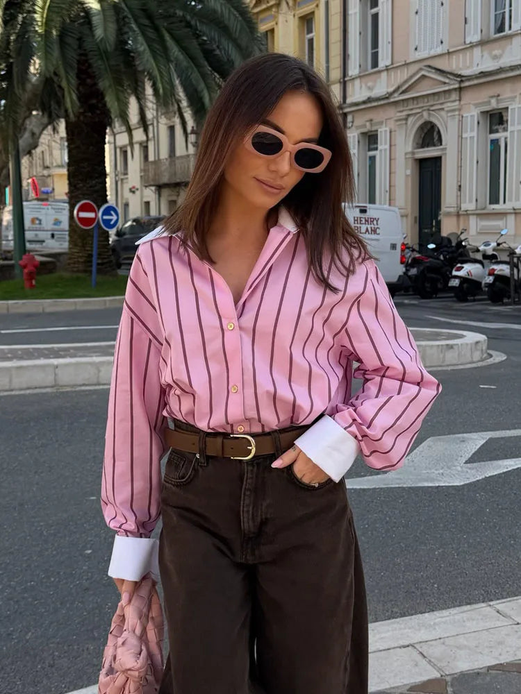HH 2026 Female Fashion Versatile Blouse Top Women Spring Pink Striped Lapel Long Sleeve Single Breasted Decoration Casual Shirt (Copy 2)