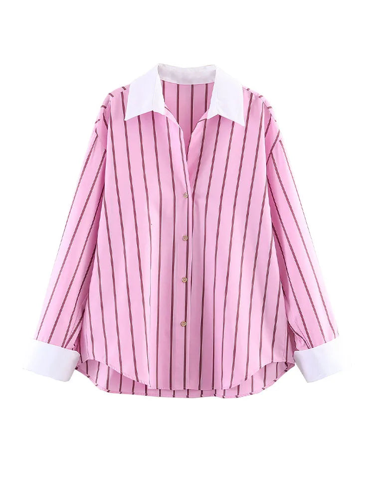 HH 2026 Female Fashion Versatile Blouse Top Women Spring Pink Striped Lapel Long Sleeve Single Breasted Decoration Casual Shirt (Copy 2)