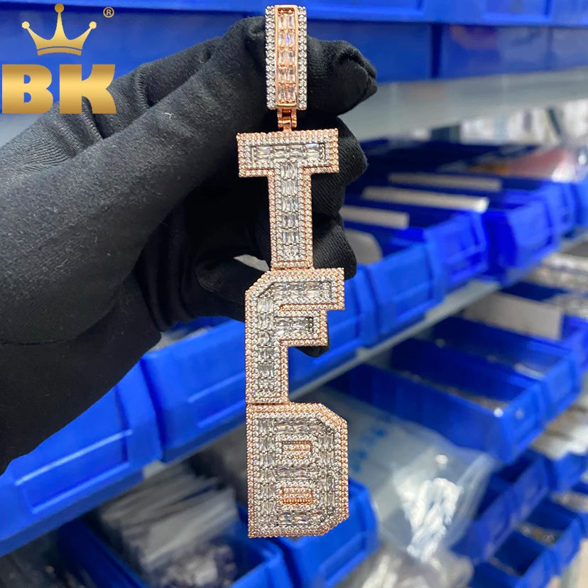 TBTK Custom Vertical Bold Baguettecz Letters Pendant Iced Out Square Bling Cubic Zirconia Nameplate Necklace Hiphop Jewelry