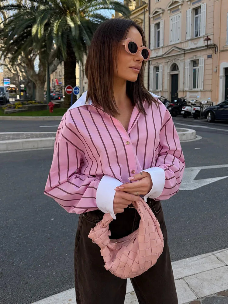 HH 2026 Female Fashion Versatile Blouse Top Women Spring Pink Striped Lapel Long Sleeve Single Breasted Decoration Casual Shirt (Copy 2)
