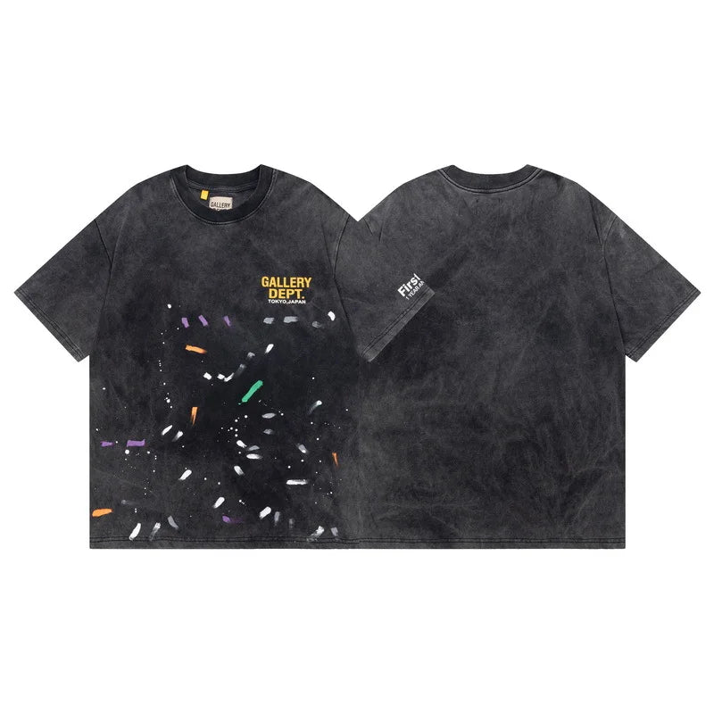 Hand-Painted Splatter Pocket Letter Print Loose Fit Short Sleeve Men's T-Shirt Casual Cotton American Style Summer 2024