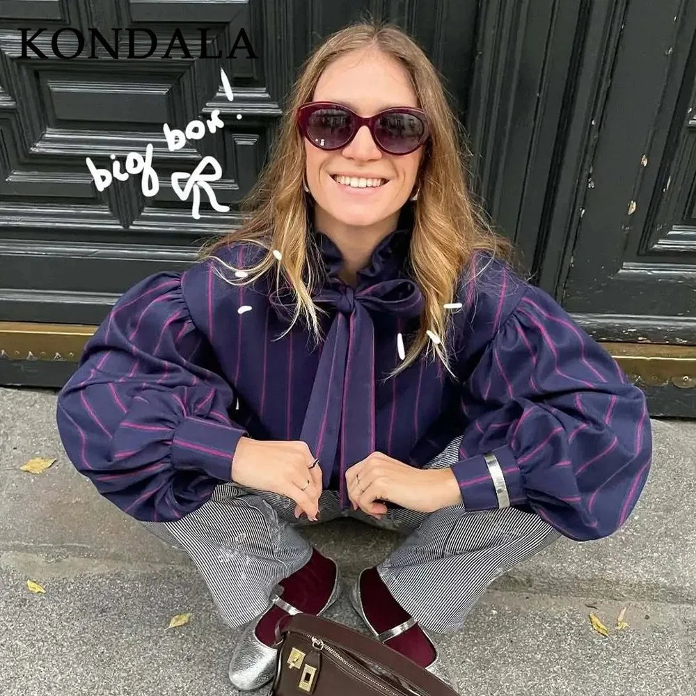 KONDALA 2026 Spring Summer Casual Women Shirts Fashion Streetwear Striped Single Breasted Turndown Collar Ladies Shirts