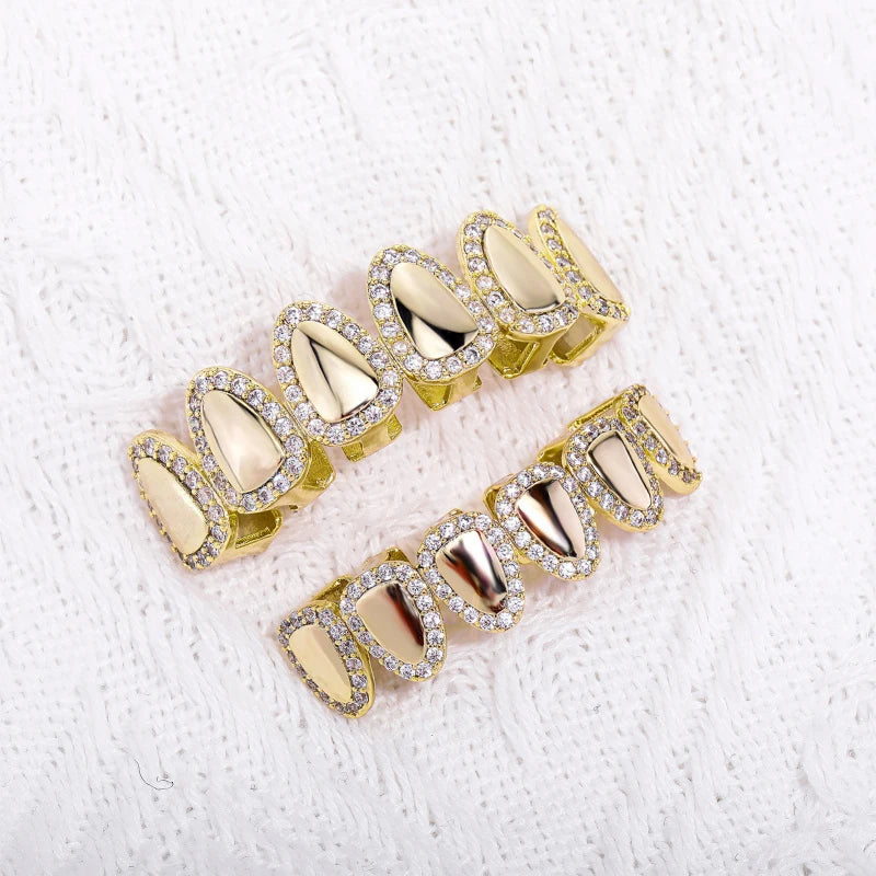 New High-End Hip Hop Iced Out Teeth Grillz Cubic Zircon Micro Pave Top & Bottom Charm Grills Set Teeth Caps Men Women Jewelry