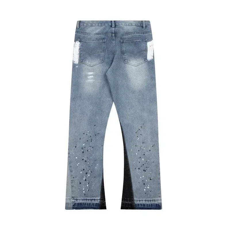 American Baggy Jeans Streetwear Splashed Ink Patchwork Men Women Clothing Tie Dye Trendy Pants Straight Slim Micro-flard Pants