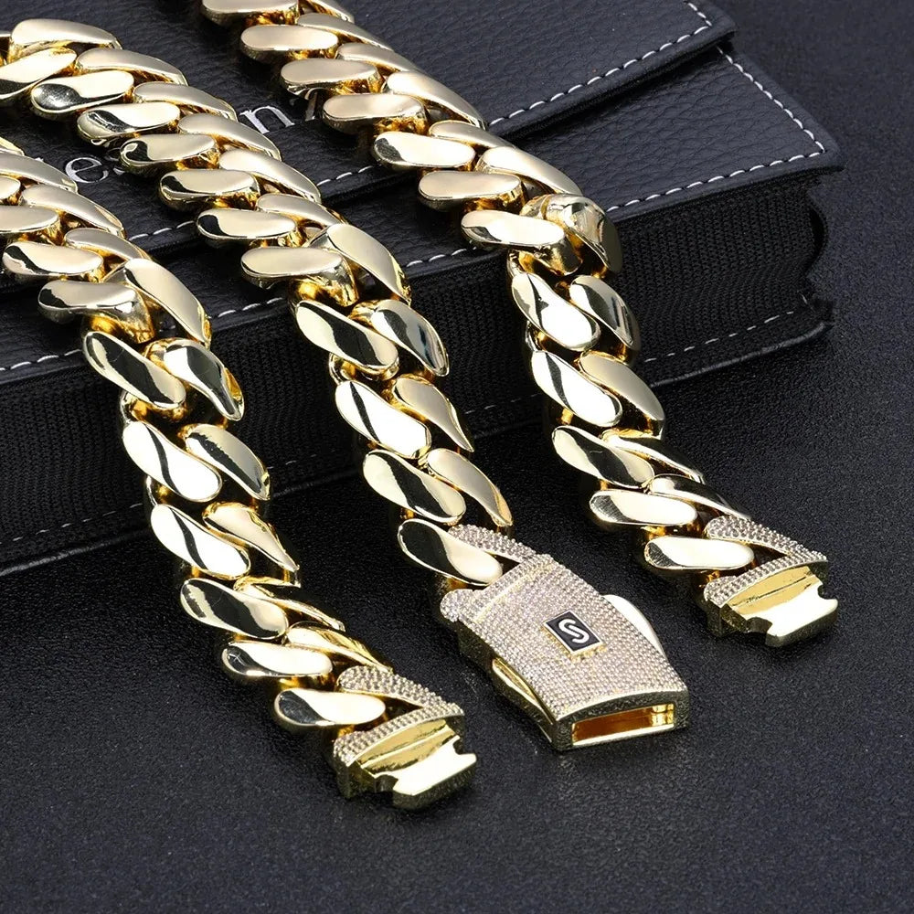 Miami Cuban Bracelet 14K Gold Plated - Thick Solid Monaco Chain with Iced Diamond Clasp Hip Hop Jewelry Christmas Gift