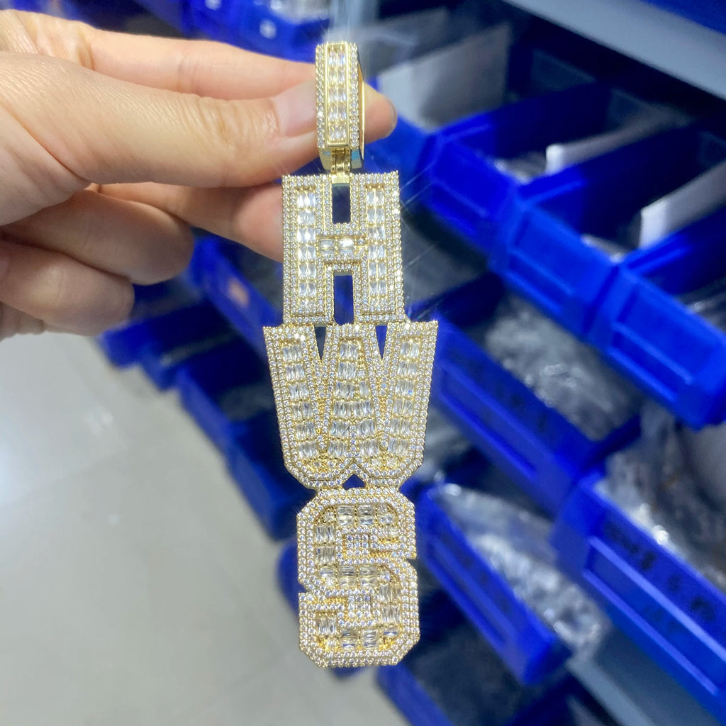TBTK Custom Vertical Bold Baguettecz Letters Pendant Iced Out Square Bling Cubic Zirconia Nameplate Necklace Hiphop Jewelry