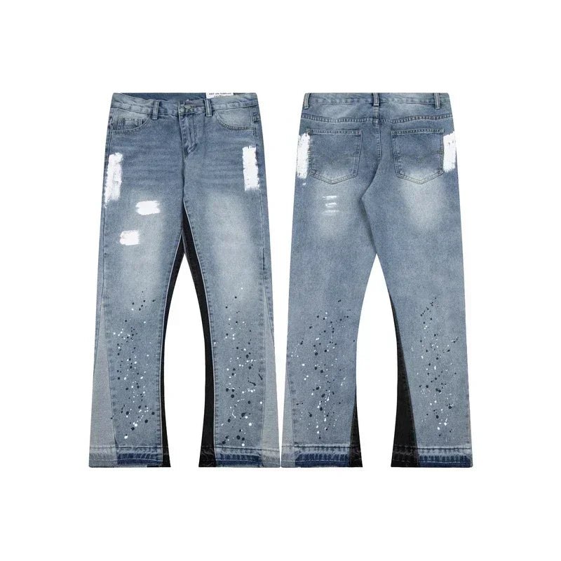 American Baggy Jeans Streetwear Splashed Ink Patchwork Men Women Clothing Tie Dye Trendy Pants Straight Slim Micro-flard Pants