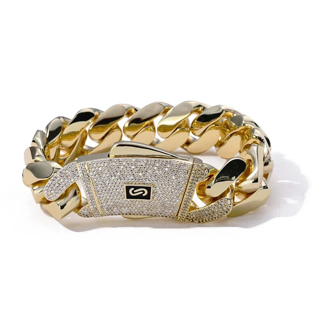 Miami Cuban Bracelet 14K Gold Plated - Thick Solid Monaco Chain with Iced Diamond Clasp Hip Hop Jewelry Christmas Gift