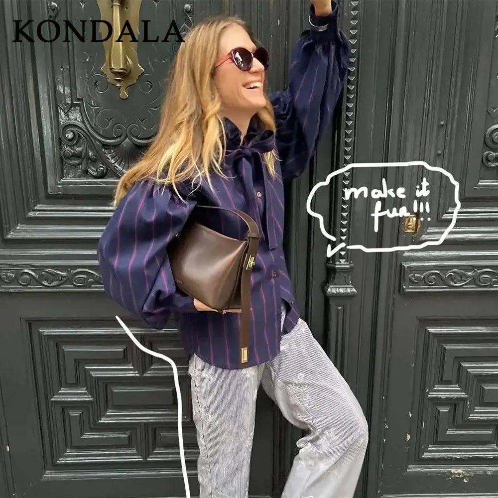KONDALA 2026 Spring Summer Casual Women Shirts Fashion Streetwear Striped Single Breasted Turndown Collar Ladies Shirts
