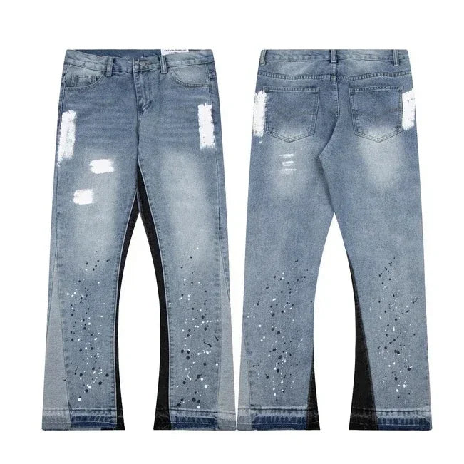 American Baggy Jeans Streetwear Splashed Ink Patchwork Men Women Clothing Tie Dye Trendy Pants Straight Slim Micro-flard Pants