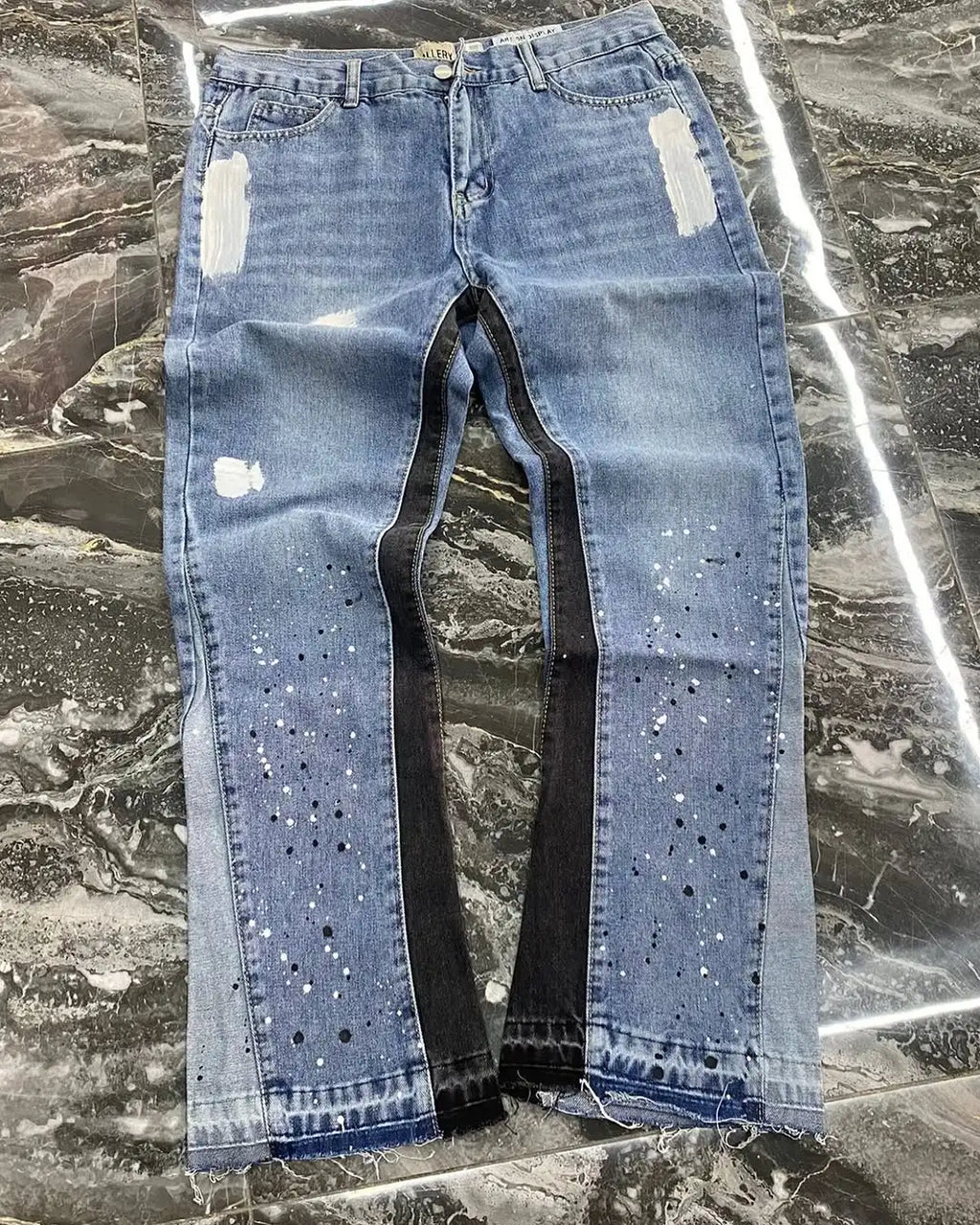 American Baggy Jeans Streetwear Splashed Ink Patchwork Men Women Clothing Tie Dye Trendy Pants Straight Slim Micro-flard Pants