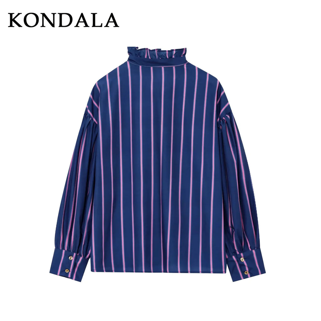 KONDALA 2026 Spring Summer Casual Women Shirts Fashion Streetwear Striped Single Breasted Turndown Collar Ladies Shirts