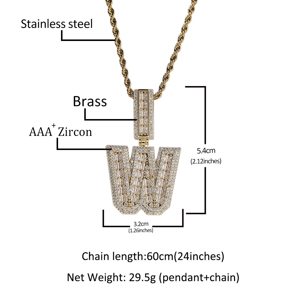 TBTK Custom Vertical Bold Baguettecz Letters Pendant Iced Out Square Bling Cubic Zirconia Nameplate Necklace Hiphop Jewelry