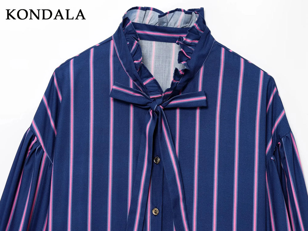 KONDALA 2026 Spring Summer Casual Women Shirts Fashion Streetwear Striped Single Breasted Turndown Collar Ladies Shirts