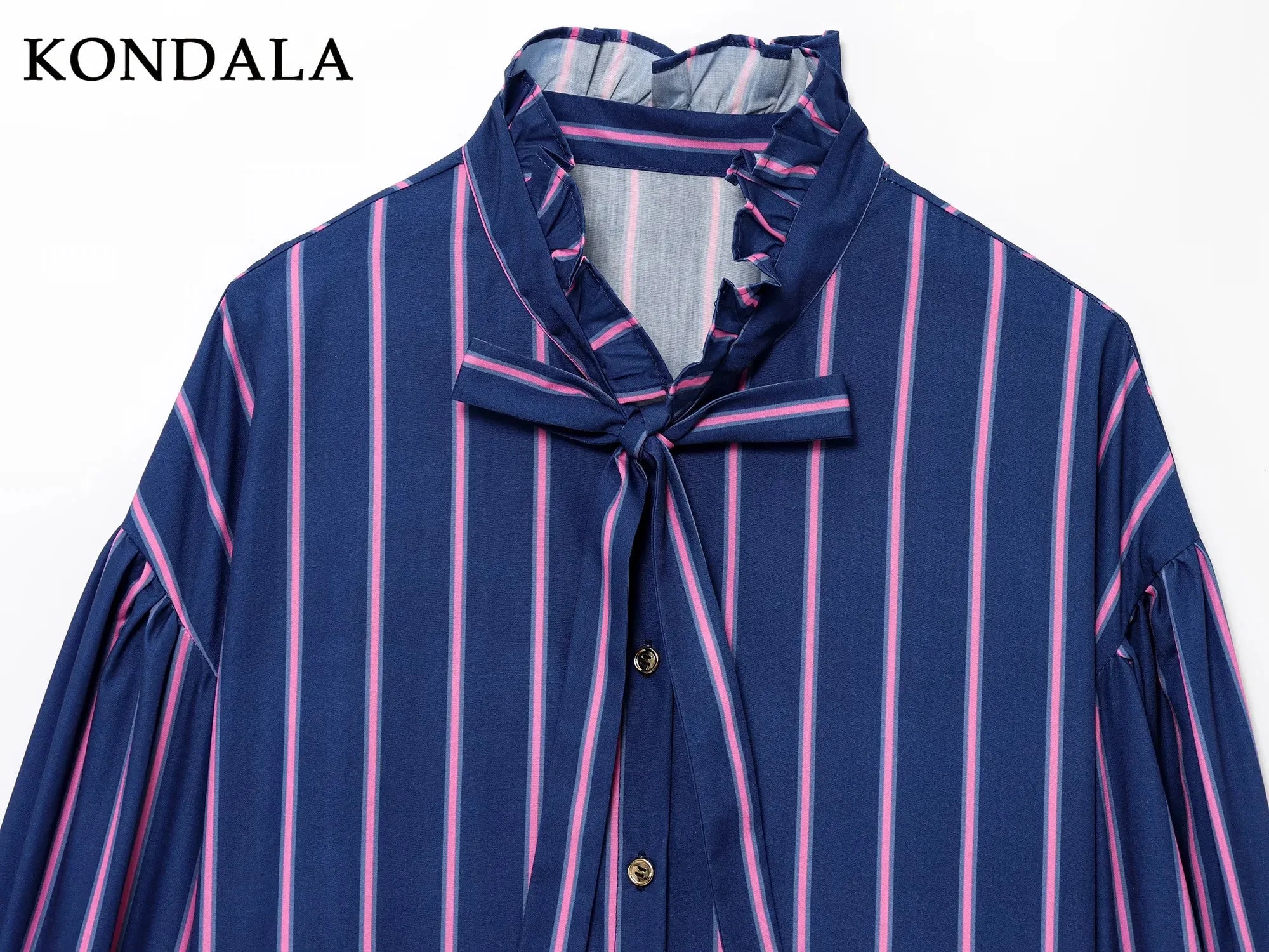 KONDALA 2026 Spring Summer Casual Women Shirts Fashion Streetwear Striped Single Breasted Turndown Collar Ladies Shirts