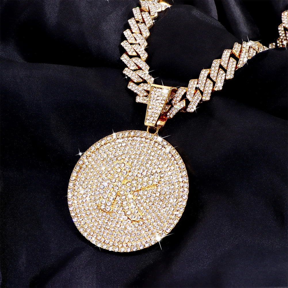 Hip Hop Cuban Link Chain Necklace with Round Letter Pendant for Men Women, Iced Out Rhinestone 14MM Miami Chain, Unisex Jewelry