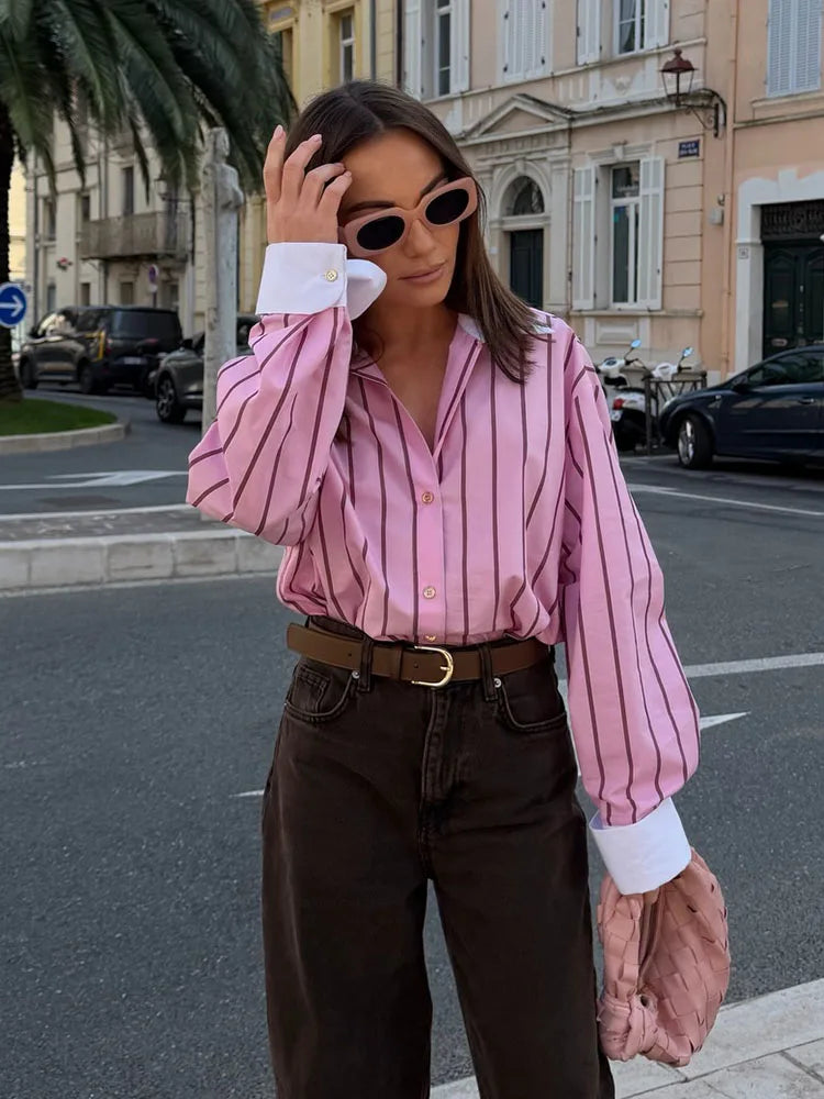 HH 2026 Female Fashion Versatile Blouse Top Women Spring Pink Striped Lapel Long Sleeve Single Breasted Decoration Casual Shirt (Copy 2)