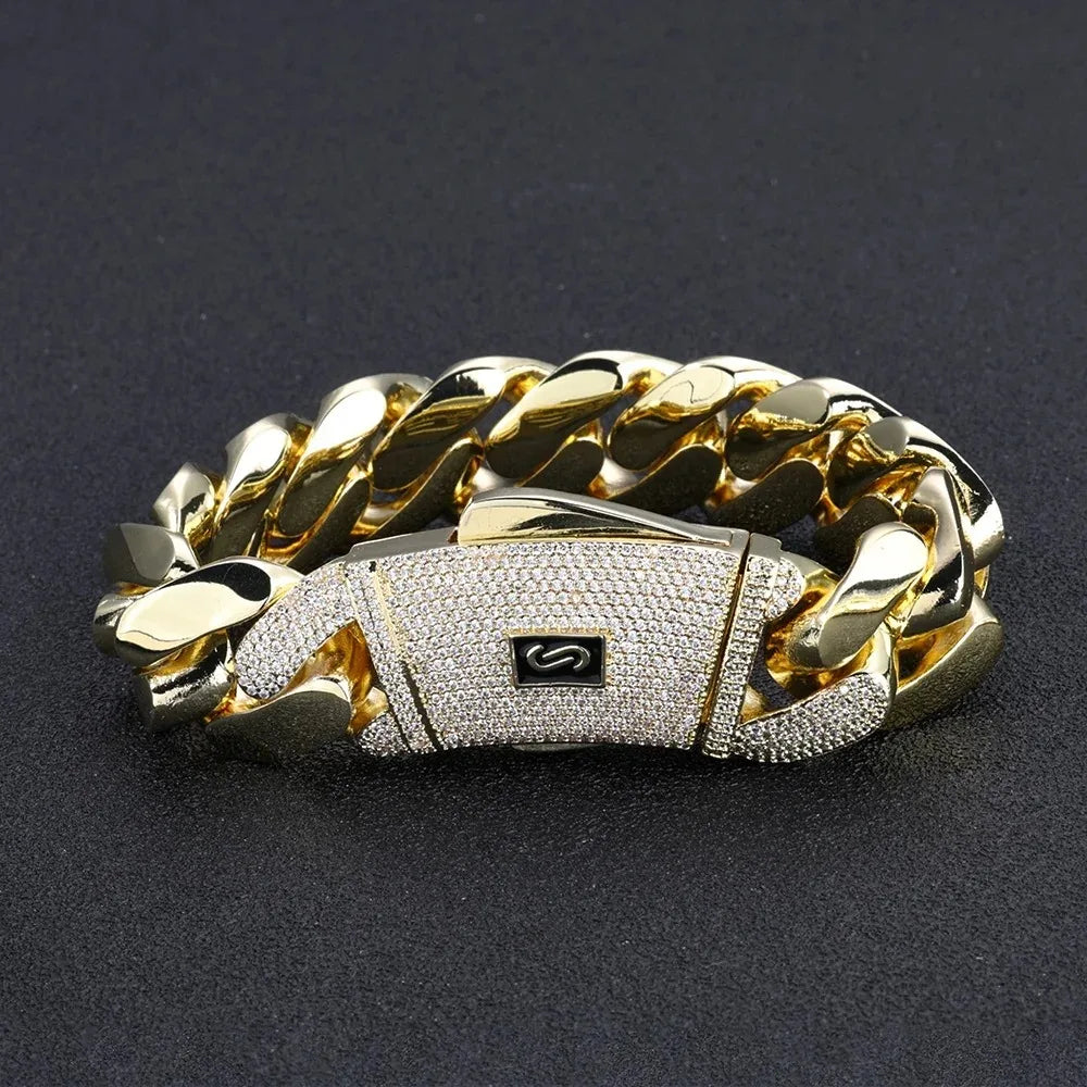 Miami Cuban Bracelet 14K Gold Plated - Thick Solid Monaco Chain with Iced Diamond Clasp Hip Hop Jewelry Christmas Gift