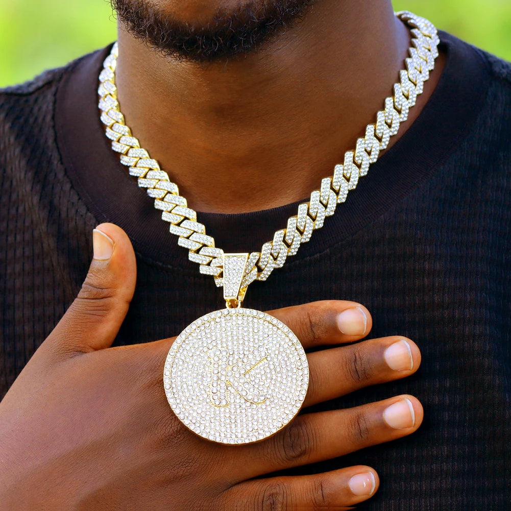 Hip Hop Cuban Link Chain Necklace with Round Letter Pendant for Men Women, Iced Out Rhinestone 14MM Miami Chain, Unisex Jewelry