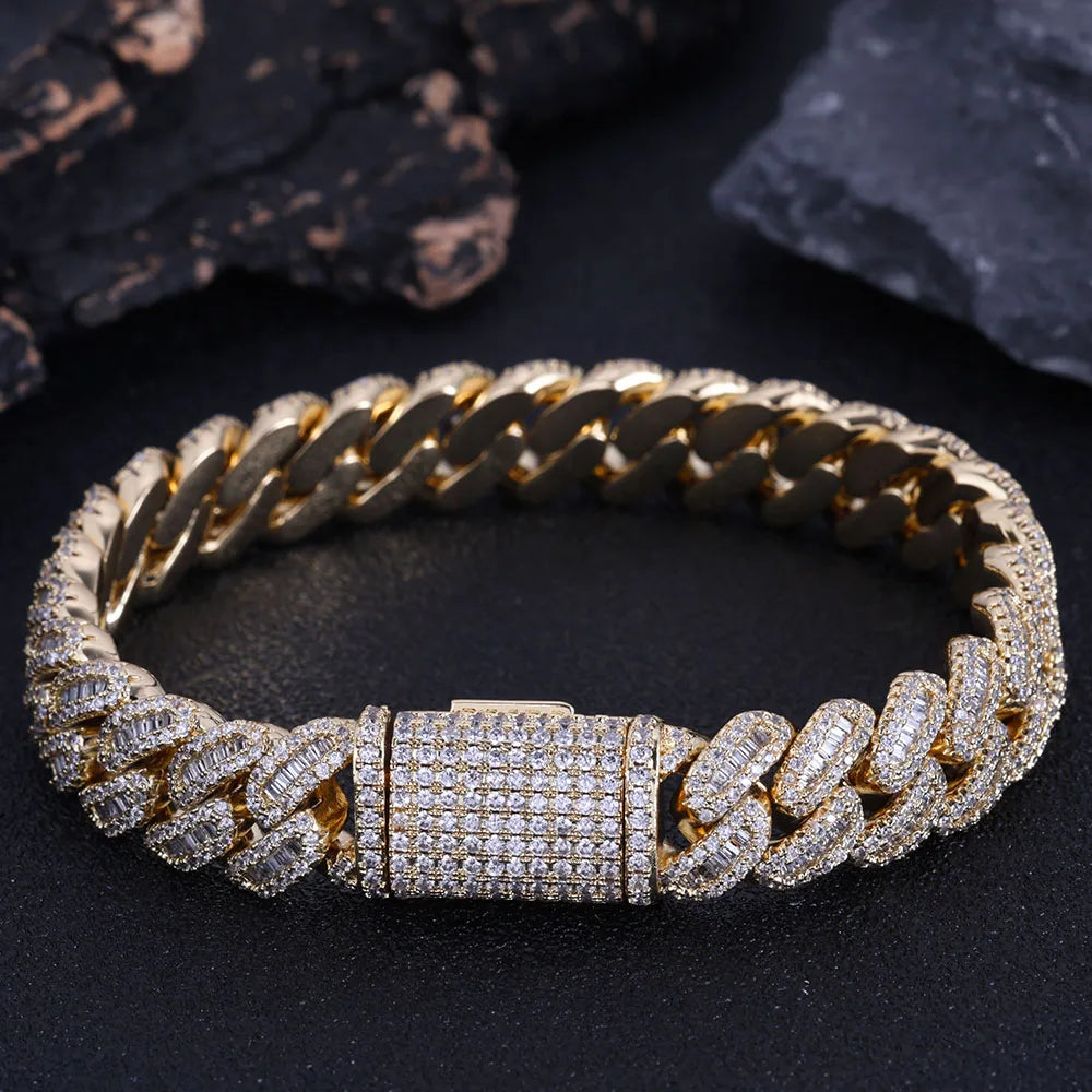 Hip Hop Jewelry Baguette Cuban Link Chain Iced Out Mixed Inlay Simulated Diamond Stones Bling 12mm Miami CZ Necklace Men's Gift