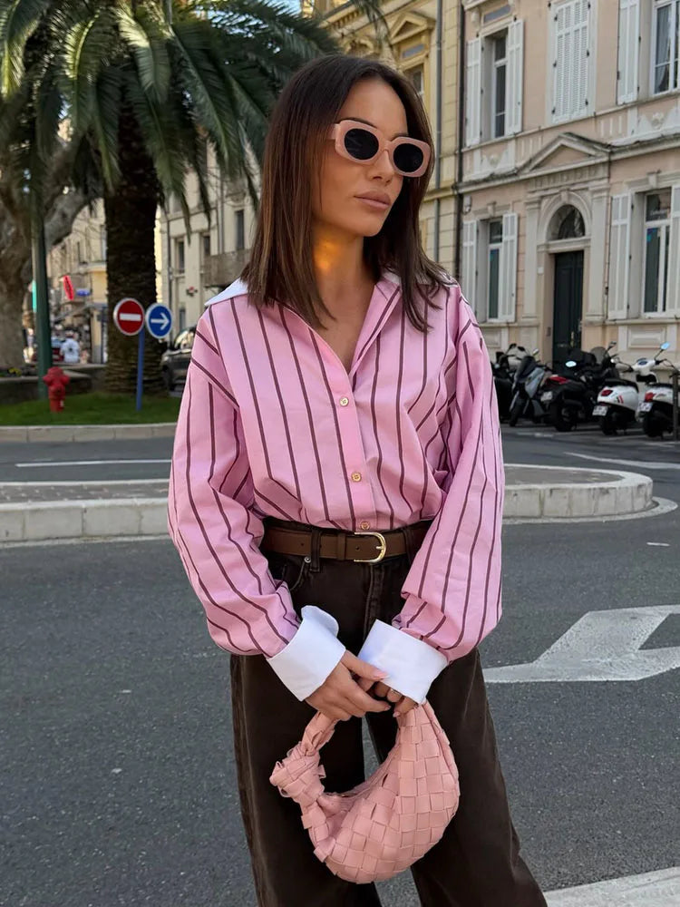 HH 2026 Female Fashion Versatile Blouse Top Women Spring Pink Striped Lapel Long Sleeve Single Breasted Decoration Casual Shirt (Copy 2)
