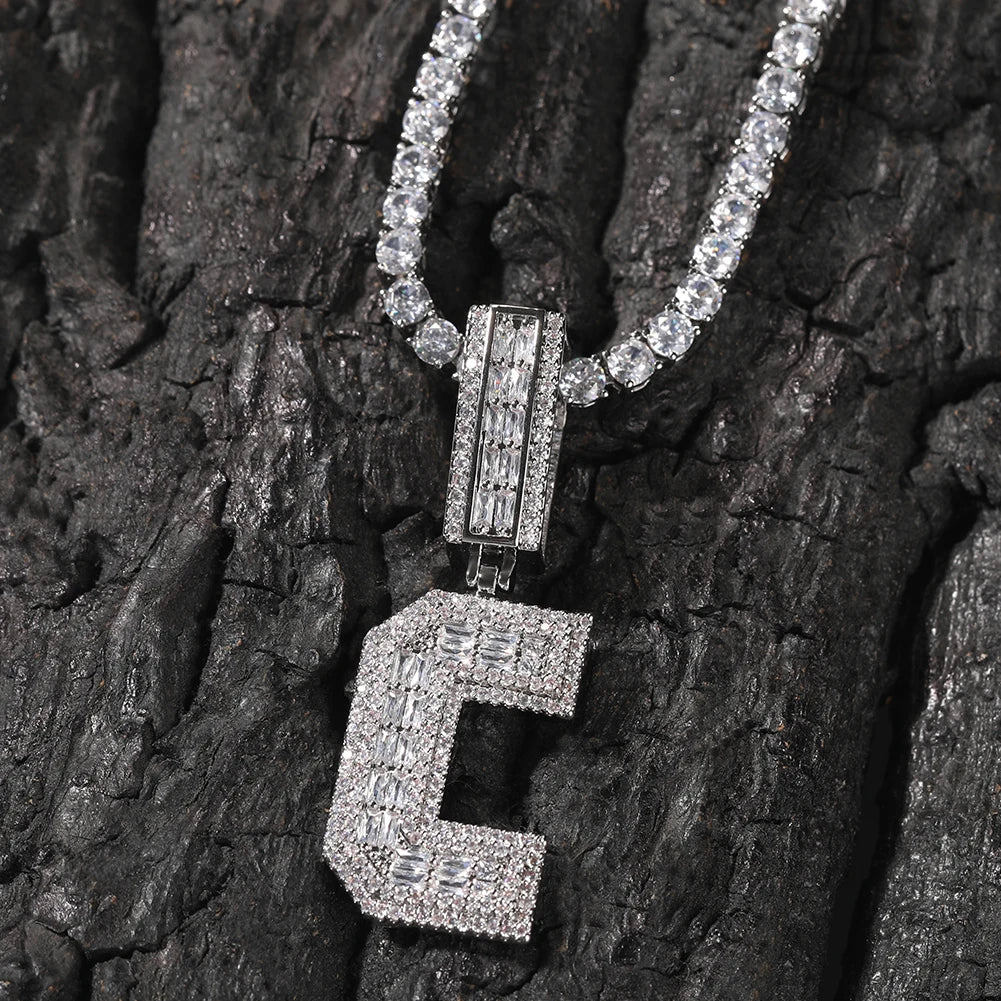 TBTK Custom Vertical Bold Baguettecz Letters Pendant Iced Out Square Bling Cubic Zirconia Nameplate Necklace Hiphop Jewelry