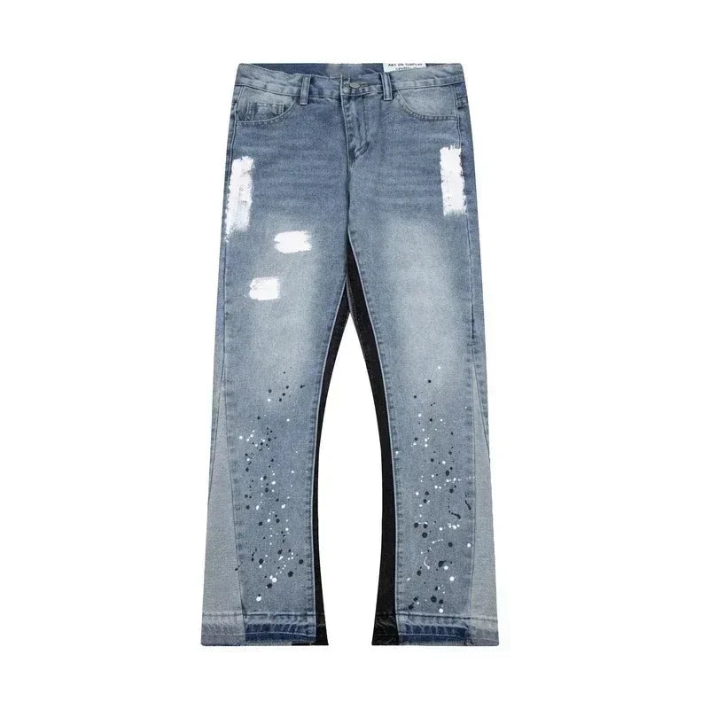 American Baggy Jeans Streetwear Splashed Ink Patchwork Men Women Clothing Tie Dye Trendy Pants Straight Slim Micro-flard Pants
