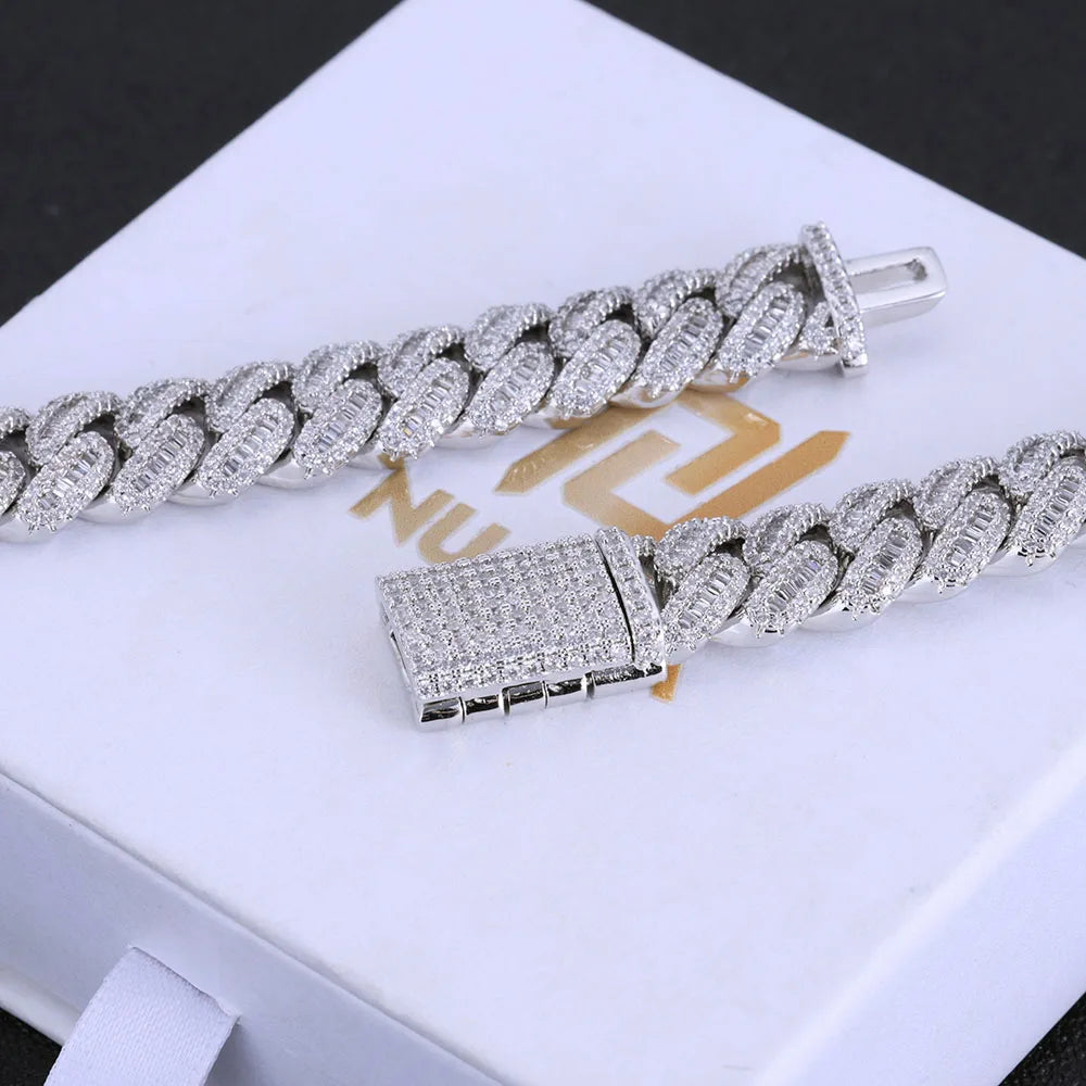 Hip Hop Jewelry Baguette Cuban Link Chain Iced Out Mixed Inlay Simulated Diamond Stones Bling 12mm Miami CZ Necklace Men's Gift