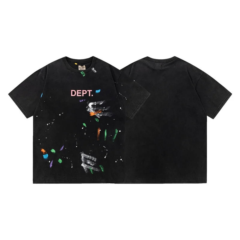 Hand-Painted Splatter Pocket Letter Print Loose Fit Short Sleeve Men's T-Shirt Casual Cotton American Style Summer 2024