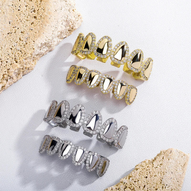 New High-End Hip Hop Iced Out Teeth Grillz Cubic Zircon Micro Pave Top & Bottom Charm Grills Set Teeth Caps Men Women Jewelry