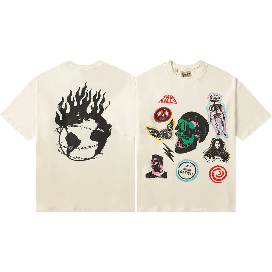 Hand-Painted Splatter Pocket Letter Print Loose Fit Short Sleeve Men's T-Shirt Casual Cotton American Style Summer 2024