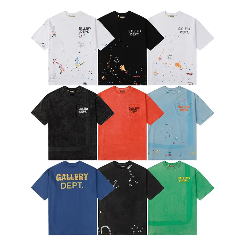 Hand-Painted Splatter Pocket Letter Print Loose Fit Short Sleeve Men's T-Shirt Casual Cotton American Style Summer 2024